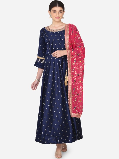 

BOMBAY SELECTIONS Women Blue & Pink Woven Design Kurta with Trousers & Dupatta