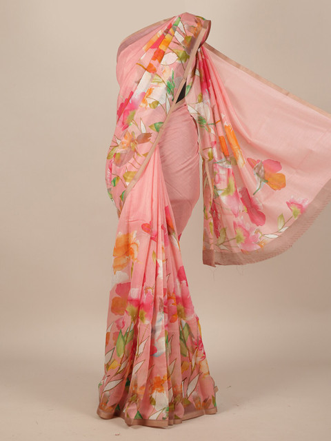 

Pothys Pink Floral Printed Jute Silk Saree