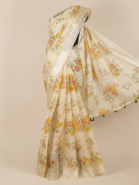 

Pothys Cream-Coloured & Yellow Organza Floral Printed Saree