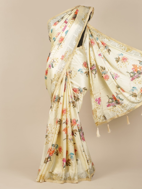 

Pothys Cream-Coloured & Pink Satin Printed Saree