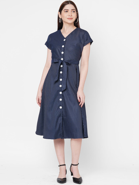 

109F Women Navy Blue Striped Fit and Flare Dress