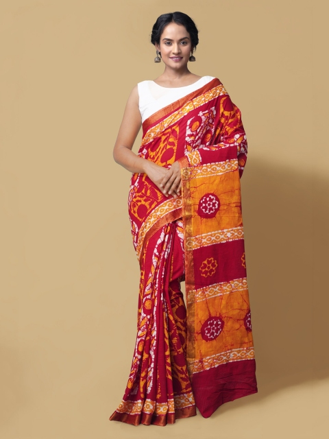 

Unnati Silks Red & Orange Pure Cotton Printed Bhagalpuri Saree