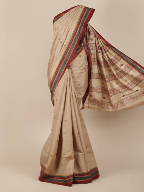

Pothys Beige & Red Jute Silk Printed Saree