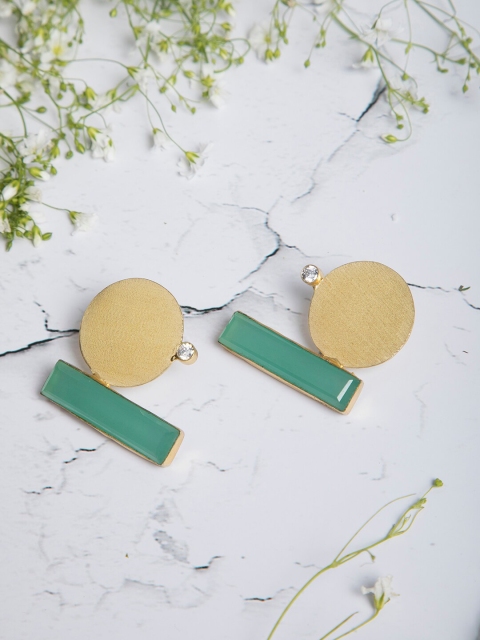 

INDYA Green & Gold-Plated Geometric Drop Earrings