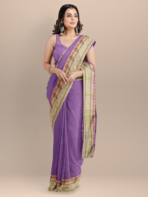 

BharatSthali Purple Silk Cotton Solid Maheshwari Saree