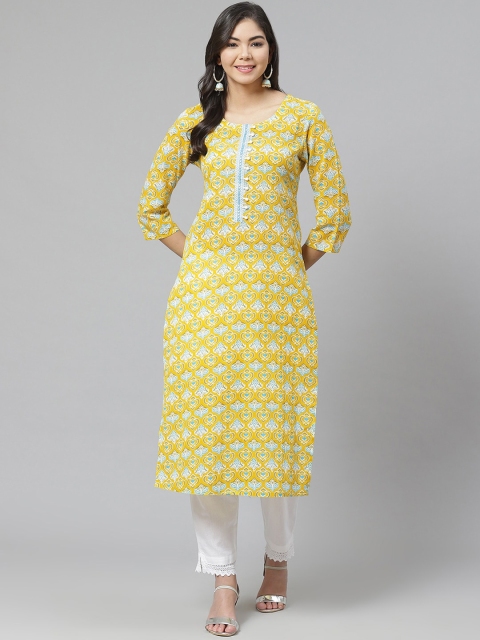 

PIROH Women Mustard Yellow & Blue Geometric Printed Kurta