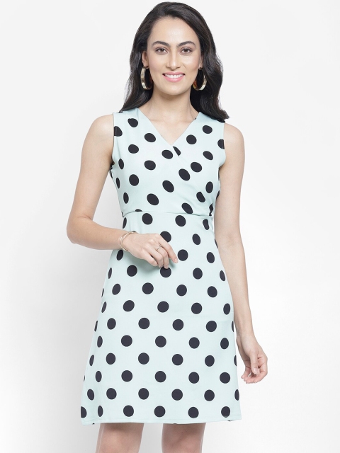 

NIXX Women Sea Green & Black Polka Dots Printed Wrap Dress