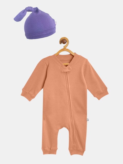 

cherrytoes Infant Solid Cotton Romper With Beanie, Peach