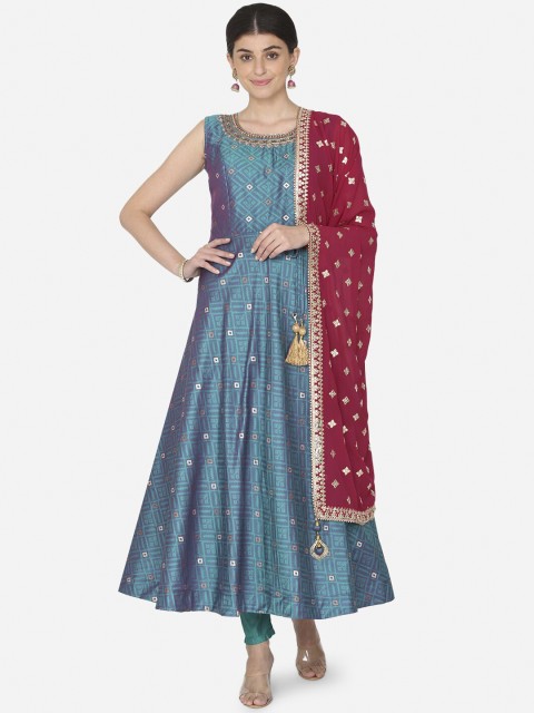 

BOMBAY SELECTIONS Women Blue Embroidered Kurti with Trousers & Dupatta