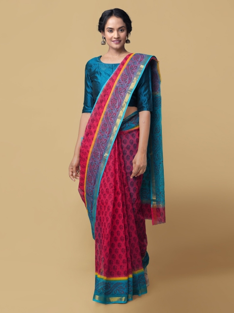 

Unnati Silks Red & Turquoise Blue Pure Cotton Hand Block Printed Kota Handloom Saree