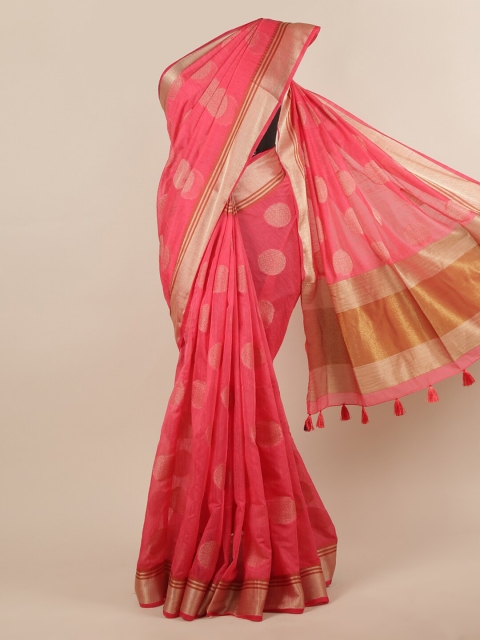 

Pothys Coral Pink & Gold-Toned Jute Silk Woven Design Saree