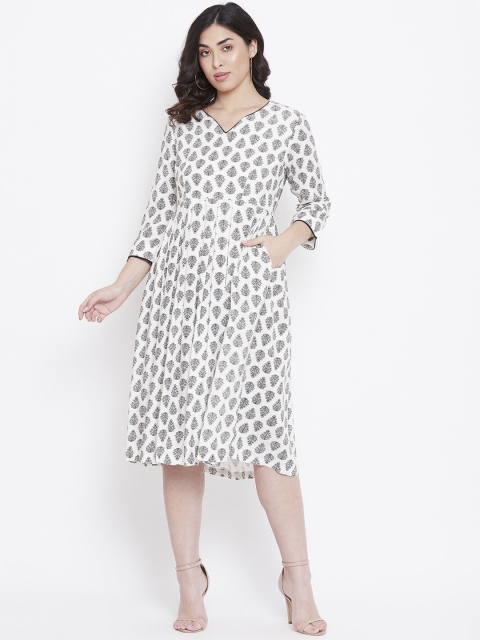 

TULIP 21 Women Off-White & Black Printed A-Line Dress