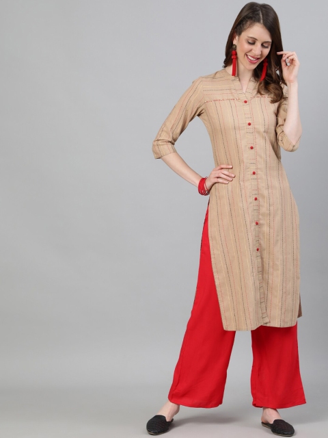 

Jaipur Kurti Women Beige Striped Thread Work Straight Kurta