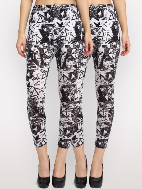 

NEUDIS Women Pack of 2 White & Black Geometric Skinny Fit Ankle-Length Crop Leggings