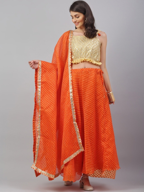 

ANAISA Women Orange & Gold-Coloured Flared Kota Doria Gotta Work Skirt With Top & Dupatta