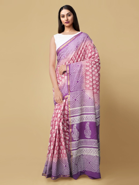 

Unnati Silks Pink Pure Cotton Printed Block Print Saree