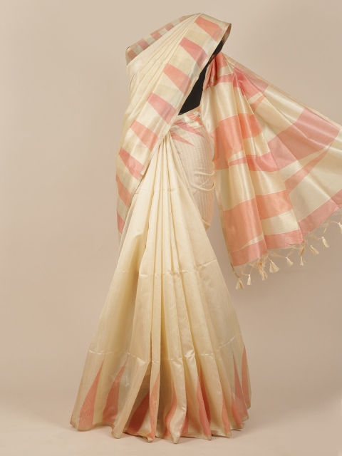 

Pothys Cream-Coloured & Pink Jute Silk Striped Saree
