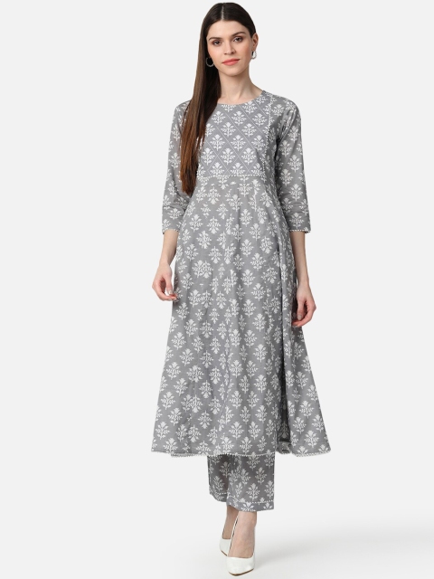

AHIKA Women Grey & White Printed Kurta with Trousers