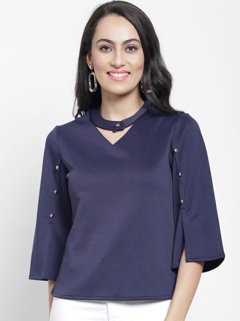

NIXX Navy Blue Solid Regular Slit Sleeves Top
