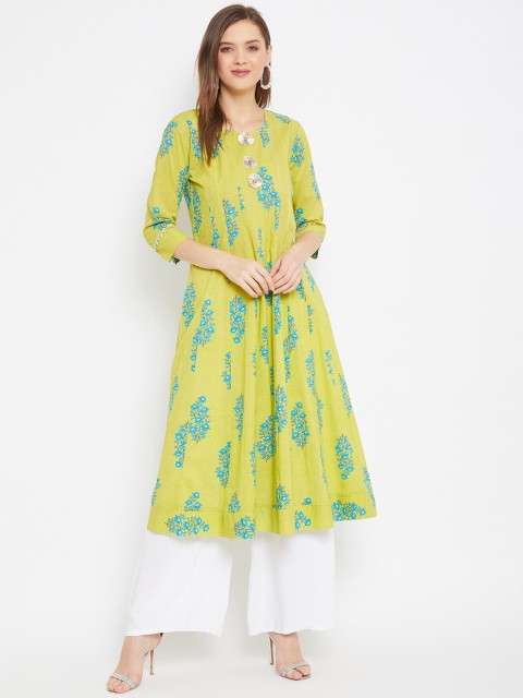 

One of a Kind Women Lime Green Geometric Printed Flared Sleeves Anarkali Kurta