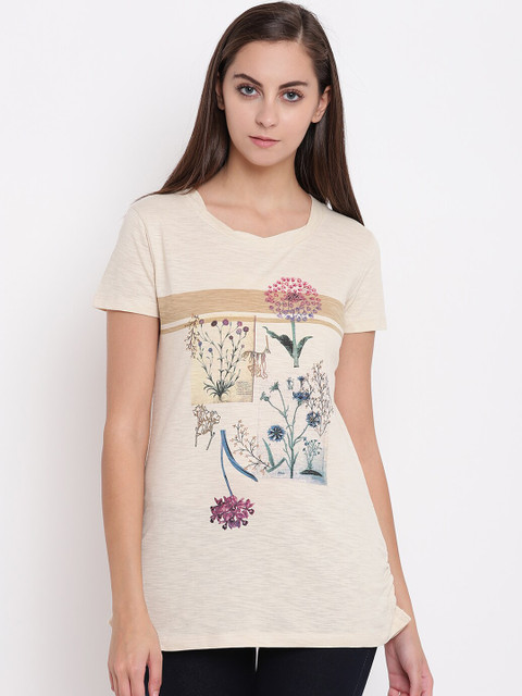 

Miss Grace Beige & Green Floral Printed Pure Cotton Regular Longline Top