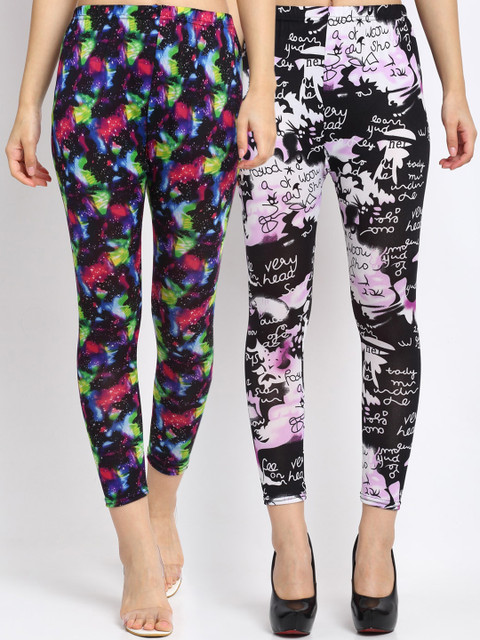

NEUDIS Women Pack of 2 Printed Skinny Fit Cropped Leggings, Multi