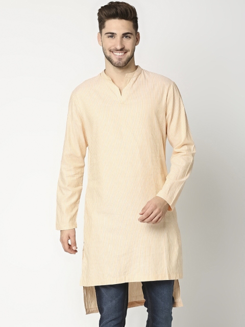 

Bewakoof Men Yellow & Off White Pure Cotton Striped Chikankari Kurta
