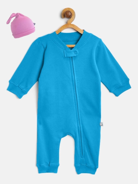 

cherrytoes Infant Blue Solid Cotton Rompers With Beanie