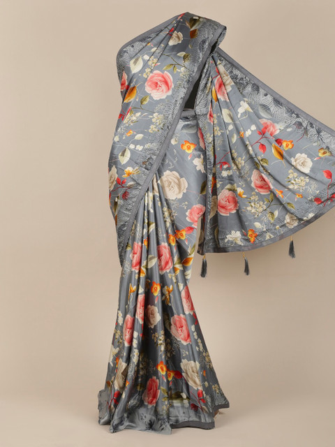 

Pothys Grey Floral Printed Satin Saree With Tasseled Pallu