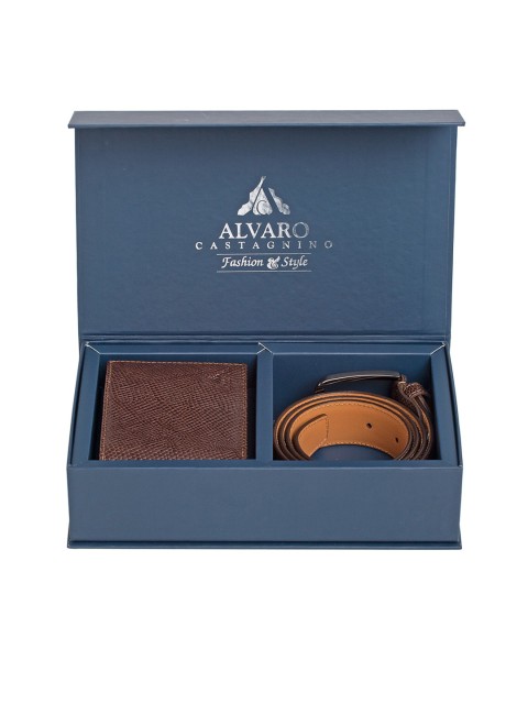 

Alvaro Castagnino Men Coffee Brown Textured Leather Accessory Gift Set