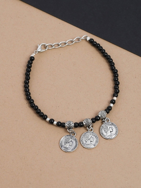 

Silvermerc Designs Black Silver-Plated Oxidised Beaded Coin Anklet