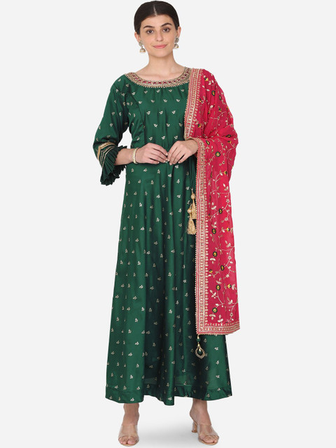 

BOMBAY SELECTIONS Women Green & Pink Printed Kurta with Palazzos & Dupatta
