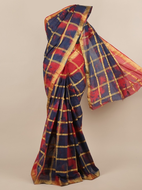 

Pothys Blue & Gold-Toned Pure Cotton Checked Saree