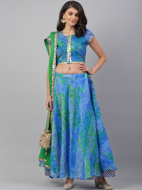 

ANAISA Blue & Green Printed Ready to Wear Lehenga & Blouse With Dupatta