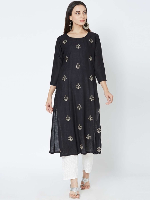 

FASHOR Women Black Floral Embroidered Kurta