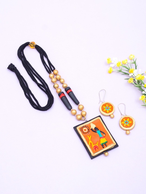 

Golden Peacock Orange & Gold-Toned Beaded Terracotta Handcrafted Jewellery Set