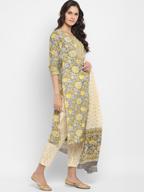 

Vbuyz Women Yellow & Grey Printed Kurta with Trousers & Dupatta