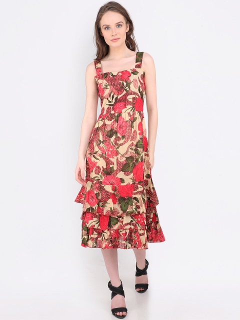 

MARC LOUIS Women Red & Beige Floral Printed Tiered Fit and Flare Dress