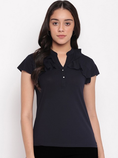 

Miss Grace Navy Blue Mandarin Collar Pure Cotton Regular Top