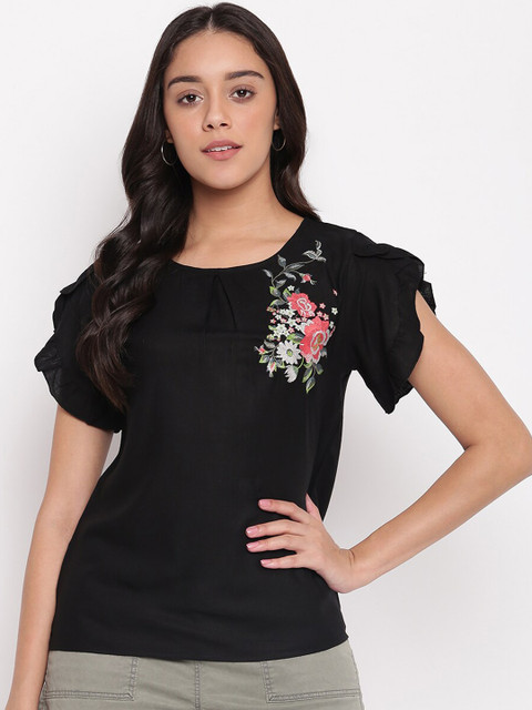

Miss Grace Black Flutter Sleeves Pure Cotton Regular Top