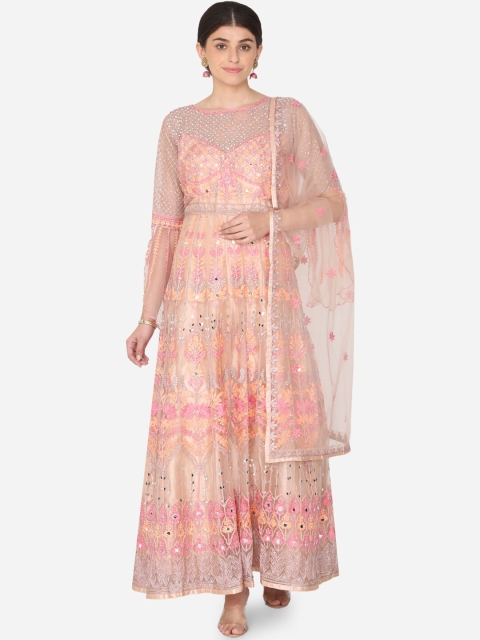 

BOMBAY SELECTIONS Women Peach-Coloured Embroidered Kurti with Churidar & Dupatta