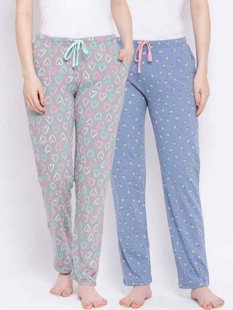 

Kanvin Women Pack of 2 Printed Pure Cotton Lounge Pants, Grey
