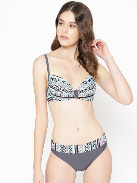 

VOXATI Women White & Charcoal Grey Printed Swim Bikini Set