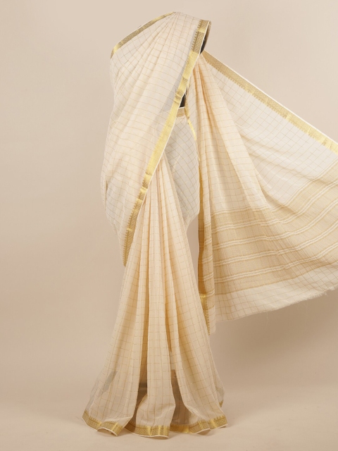 

Pothys Cream-Coloured Checked Poly Chiffon Saree