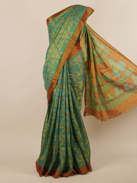 

Pothys Teal Printed Jute Silk Saree