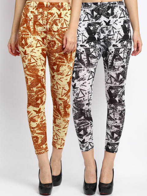 

NEUDIS Women Pack of 2 Printed Skinnny Fit Crop Leggings, Black