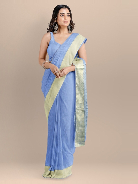 

BharatSthali Blue Silk Cotton Solid Mangalagiri Handloom Saree