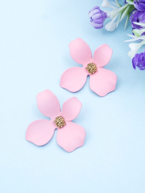 

Golden Peacock Pink & Gold-Toned Beaded Floral Drop Earrings
