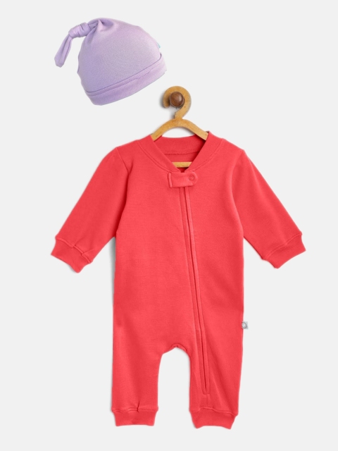 

cherrytoes Infants Red Solid Cotton Romper with Beanie
