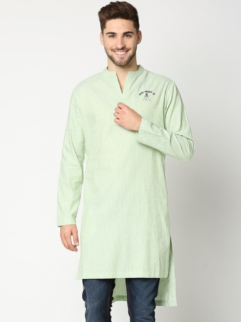 

Bewakoof Men Green & White Pure Cotton Striped Thread Work Kurta